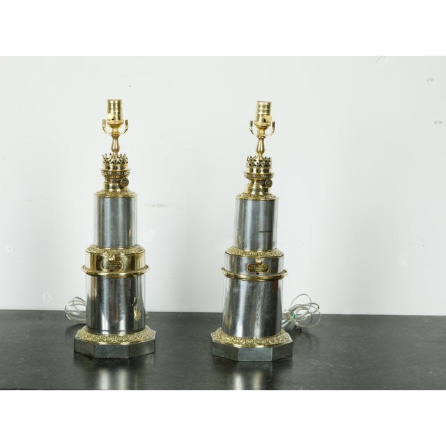 French 1920s French Gagneau Paris Steel and Brass Table Lamps with Waterleaves - Pair For Sale - Image 3 of 9
