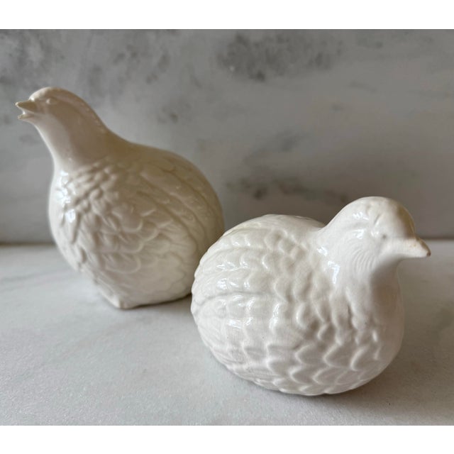Shabby Chic Pair of Vintage White Porcelain Quail Figurines For Sale - Image 3 of 7