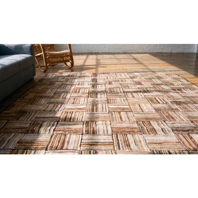 Textile 1880s Multi Brown Checkerboard Folk Art Antique American Hooked Rug 5'8" X 7'5" Hand Knotted Wool Carpet For Sale - Image 7 of 9