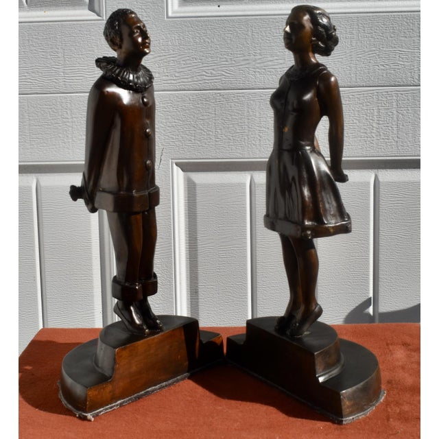 Metal French Art Deco Style Bronze Bookends Flirt Lovers For Sale - Image 7 of 18