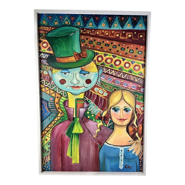 Signed Cho Vintage Alice in Wonderland Style Painting Abstract Expressionism For Sale
