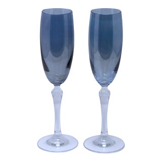 1980s Bijoux Blue Iridescent Champagne Flutes For Sale