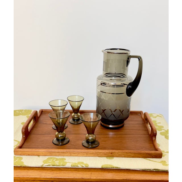 Glass Mid Century Bar Pitcher, Smoky Glass with Etching and Silver For Sale - Image 7 of 7