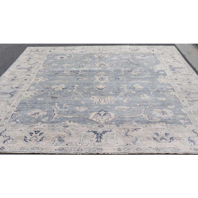 Turkish Angora Oushak Rug With Steel Blue Field and Light Gray Border For Sale - Image 13 of 14