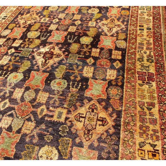 Textile Vintage Persian Mahal Rug With Repeating Tribal Motifs in Rich Brown, Soft Green 4′3″ × 6′5″ For Sale - Image 7 of 11