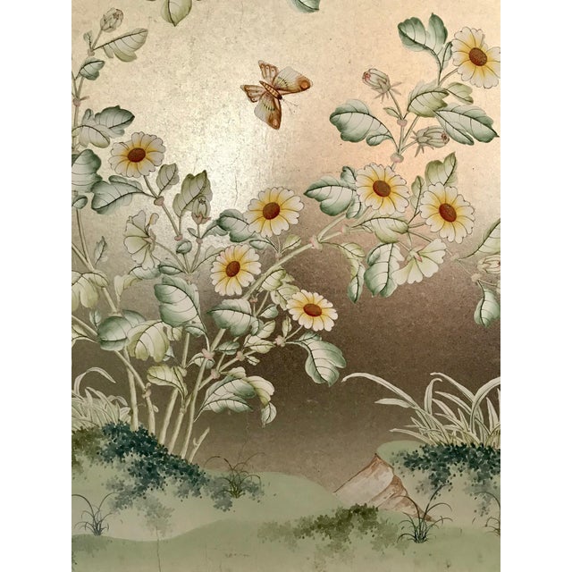 Chinoiserie Handpainted Wallpaper Panel Silver Metal Leaf With