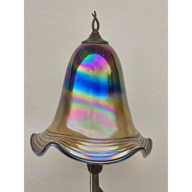 2000 - 2009 Quoizel Patinated Metal Floor Lamp With Signed Todd Philips Iridescent Glass Shade For Sale - Image 5 of 12