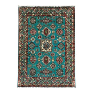 Turquoise and Red Kazak Wool Area Rug With Tribal Motifs, 6'7" X 9'8" For Sale