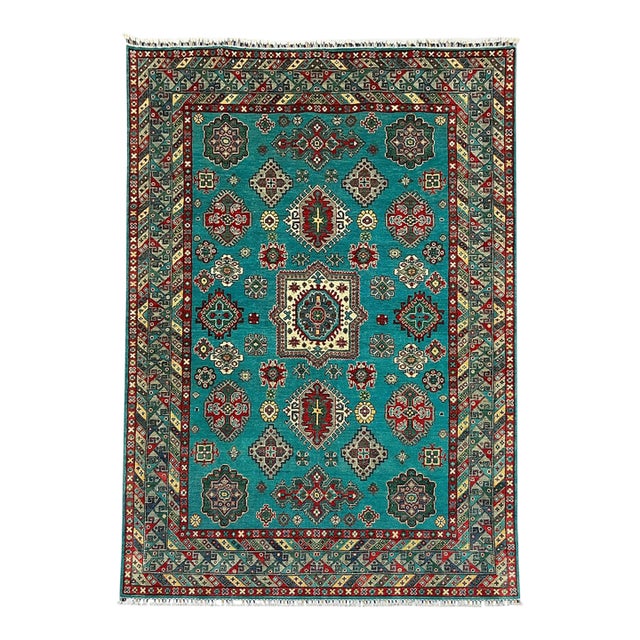 Turquoise and Red Kazak Wool Area Rug With Tribal Motifs, 6'7" X 9'8" For Sale
