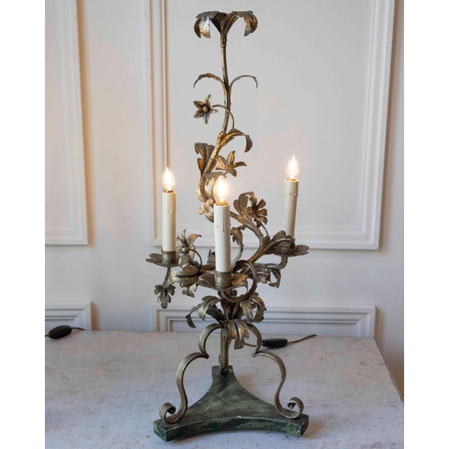 Pair Of Italian Candelabra 20th Century Silver-leaf Wrought Iron Foliate Lamps For Sale - Image 11 of 15