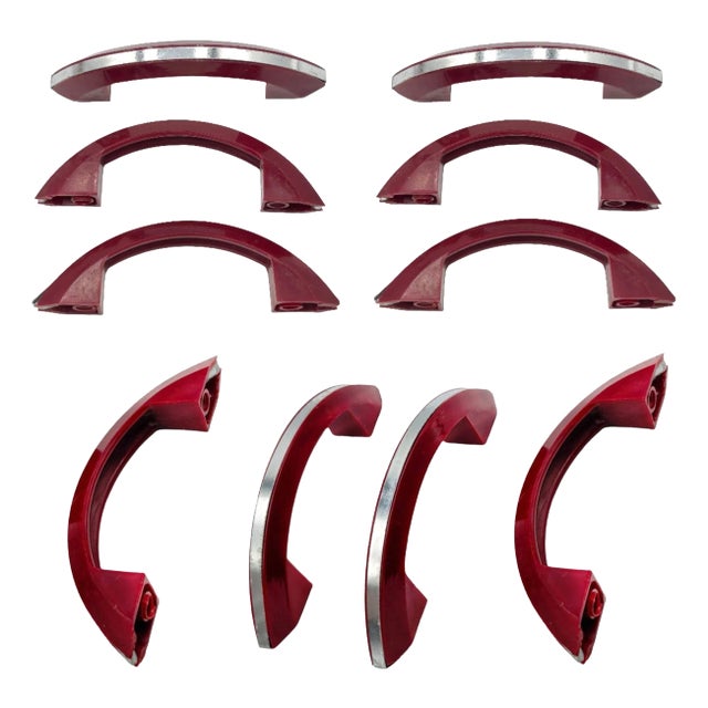 1930s Art Deco Maroon Red Catalin/Bakelite Drawer Pulls With Chrome Strip, Set of 10 For Sale