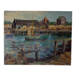 Vintage Signed Maritime Habor Oil Painting Harbor Scene With a Boat For Sale
