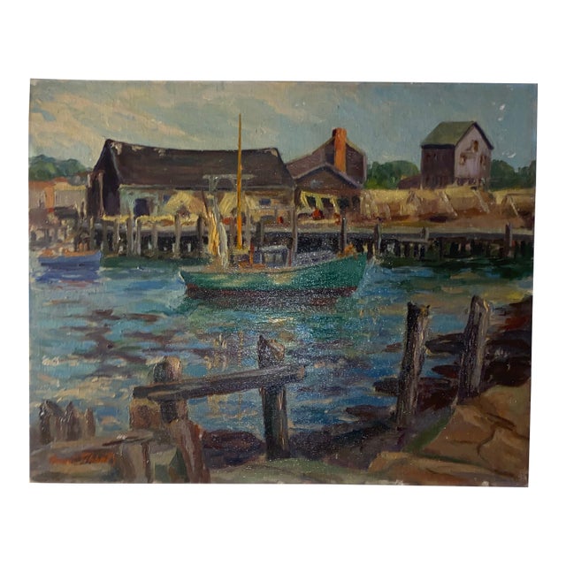 Vintage Signed Maritime Habor Oil Painting Harbor Scene With a Boat For Sale