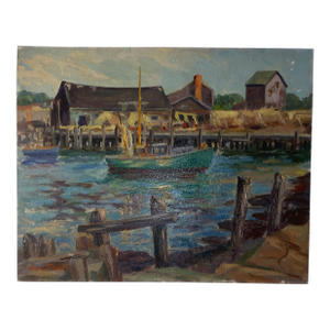 Vintage Signed Maritime Habor Oil Painting Harbor Scene With a Boat