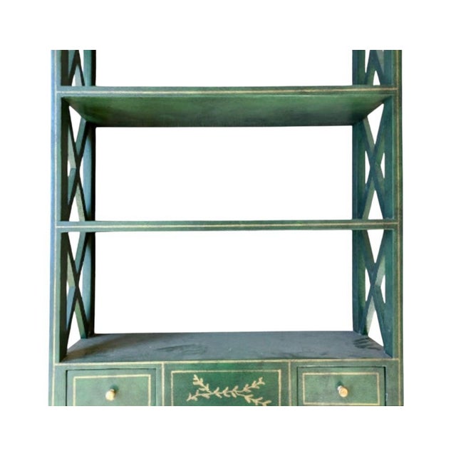 Handsome Custom Made Green Wall-Mounted Display Shelf. Hand-crafted in Litchfield, CT. Hand painted gold painted trim...