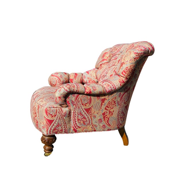 Late 20th C Baker Furniture Tufted Club Armchairs, George Smith Style Paisley Upholstery, Brass Casters – Pair For Sale - Image 6 of 18