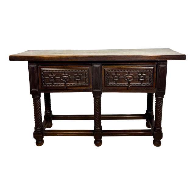 Antique Spanish Baroque Style Walnut Console Table with Twisted Legs, 1880 For Sale