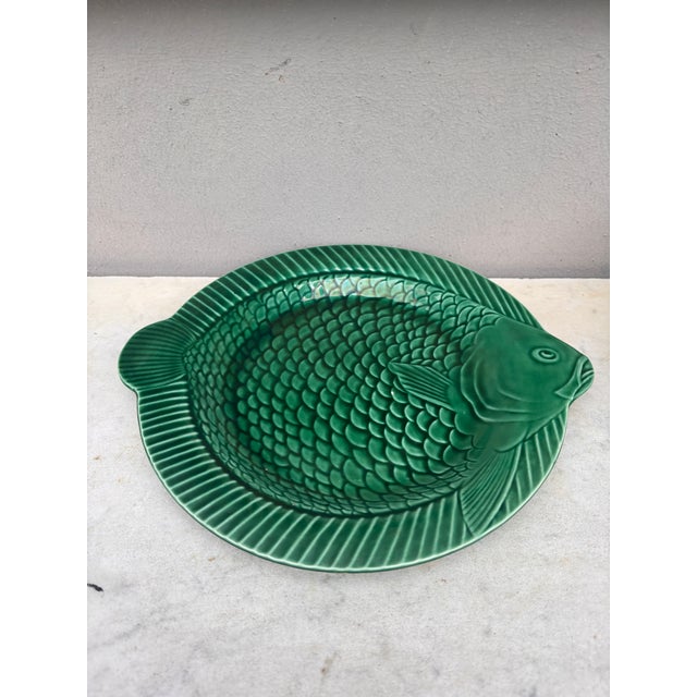 Green Majolica Fish Plate Sarreguemines Circa 1950.