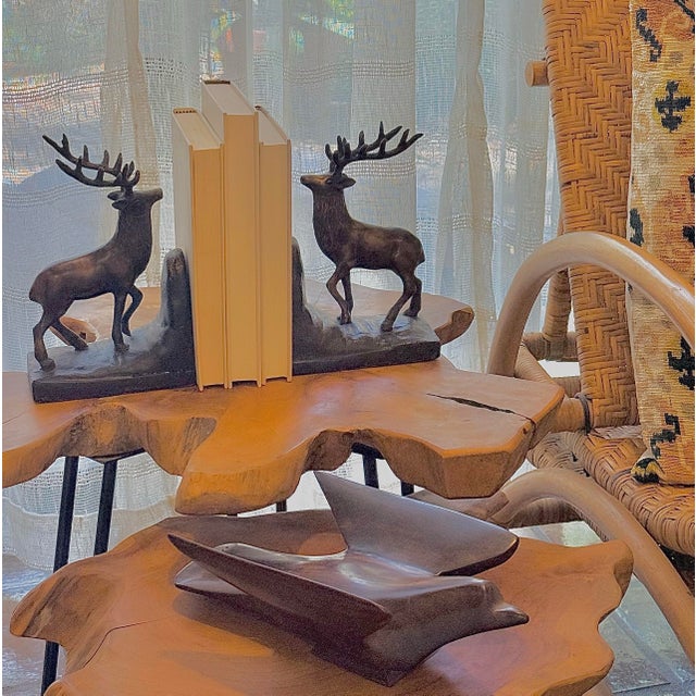 Vintage 'Ralph Lauren Style' Sculptural Bronze-Clad Cast Iron Elk, Stag, Deer With Antlers Bookends- A Pair For Sale - Image 12 of 12
