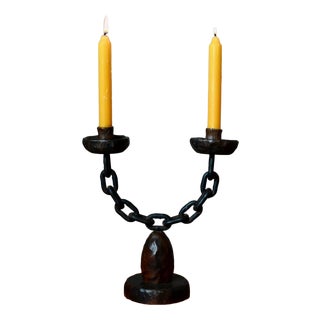 Brutalist Double Candelabra in Carved Wood and Wrought Iron, 1960s For Sale