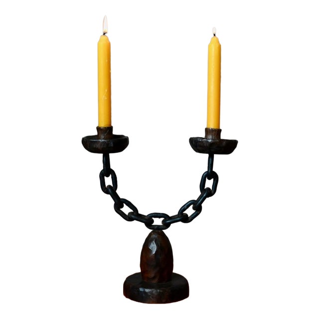 Brutalist Double Candelabra in Carved Wood and Wrought Iron, 1960s For Sale