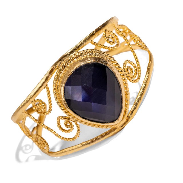 Metal Navy Blue Cat Eye Chunky Cuff Bracelet For Sale - Image 7 of 10