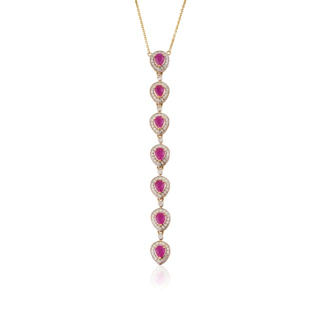 Mid-Century Modern 2.16 Carat Mozambique Red Ruby & Diamond Lariat Necklace in 14k Yellow Gold For Sale - Image 3 of 11