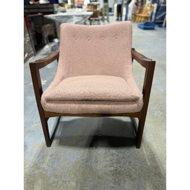 Mid-Century Modern Style Lounge Chairs - Solid Walnut Frames with Pink Boucle For Sale - Image 9 of 13