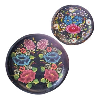 Vintage Mexican Folk Art Handpainted Wood Trays, Set of 2 For Sale