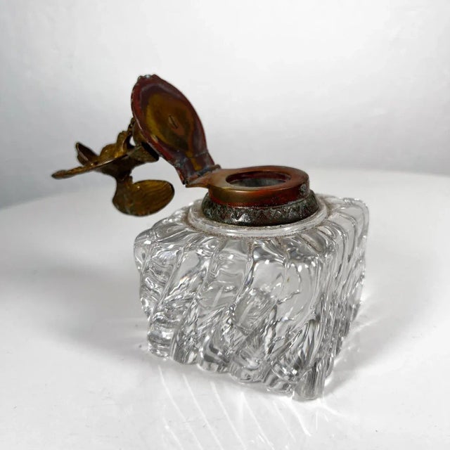 Metal Antique Vintage Cut Crystal Inkwell Brass Eagle Top For Sale - Image 7 of 10