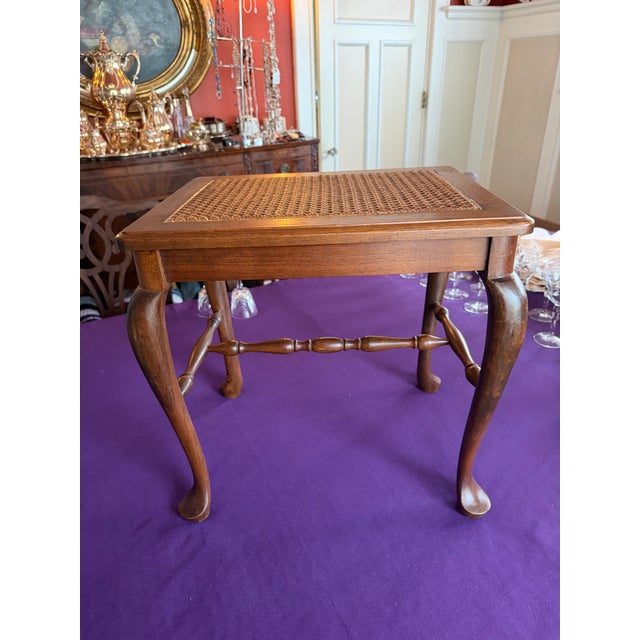Queen Anne Vintage Walnut Cane Seat Cabriole Leg Spindle Stretcher Piano Bench With Cushion For Sale - Image 3 of 12