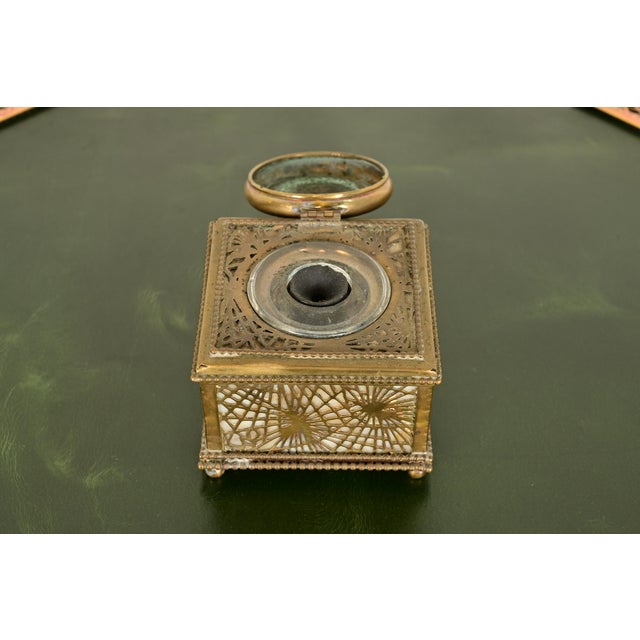 Tiffany Studios New York Pine Needle Bronze Doré and Favrile Slag Glass Inkwell For Sale In South Bend - Image 6 of 12