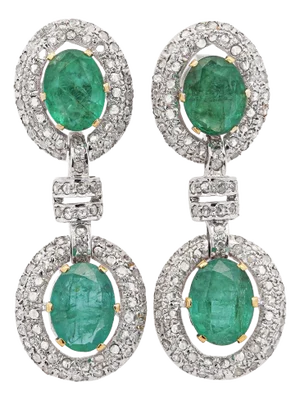 12 Carat Natural Oval Emerald & Rose-Cut Diamond Drop Earrings in 18k White Gold, A Pair