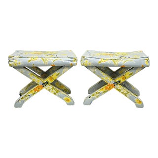 Vintage X-Form Hollywood Regency Blue and Orange Floral Print Stools - a Pair For Sale