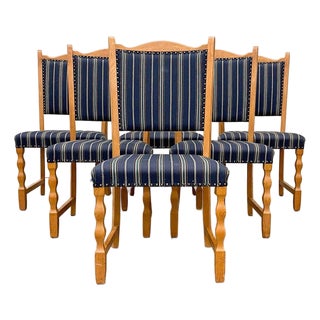 6 Blue Danish Modern Oak Dining Chairs Set Circa 1960's. For Sale