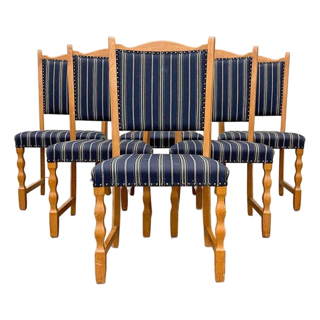 6 Blue Danish Modern Oak Dining Chairs Set Circa 1960's. For Sale