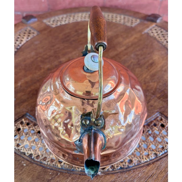 Late 20th Century Vintage Hammered Copper Tea Kettle With Wood Grip and Porcelain Finial For Sale - Image 5 of 9