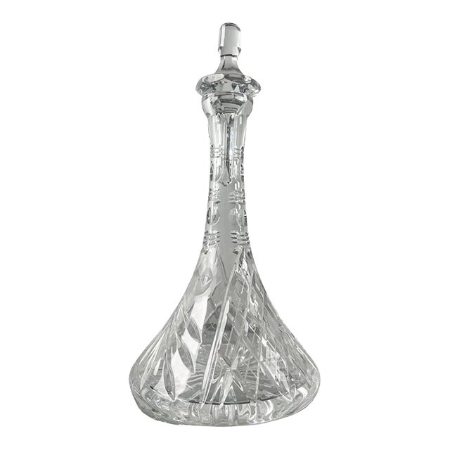Classic European Cut Crystal Decanter With Faceted Stopper, 14″ H For Sale