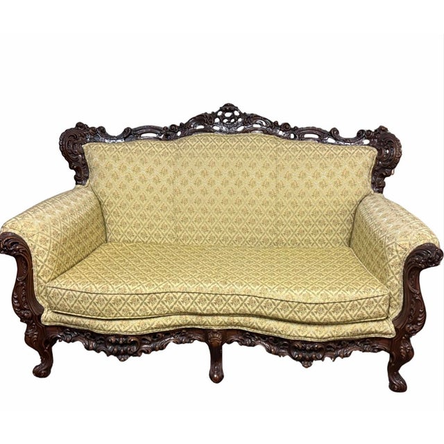 Yellow 19th Century Italian Baroque Carved Walnut Sofa & Armchair – Silk Upholstery – Pair For Sale - Image 8 of 12