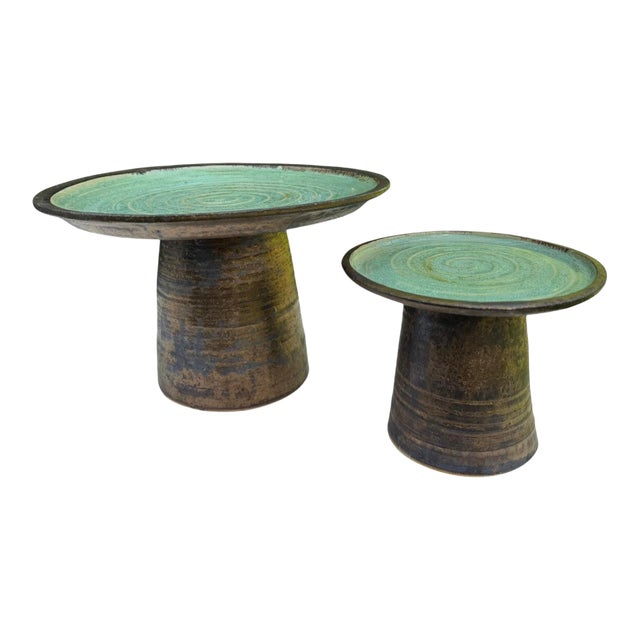 Vintage Organic Modern Studio Pottery Pedestal Bowls, Graduated Pair For Sale