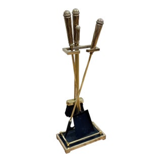 Vintage Classic Brass Fireplace Tools on Stand For Sale