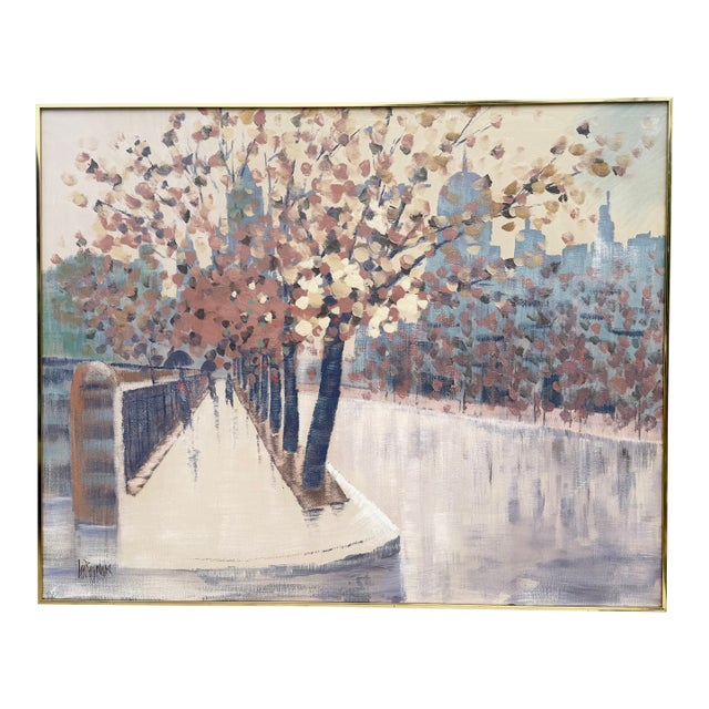 1960s Vintage Lee Reynolds Vanguard Studios Mid Century Modern Abstract Expressionist Cityscape Oil Painting Framed Signed For Sale