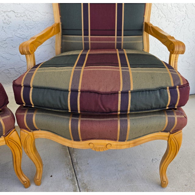 Vintage Louis XV French Provincial Armchairs Plaid Tartan Fauteuil Cabriole Legs For Sale - Image 13 of 16