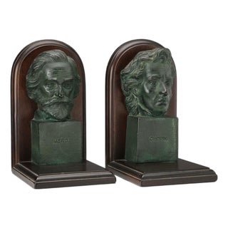 Bronze and Wood Bookends, Set of 2 For Sale