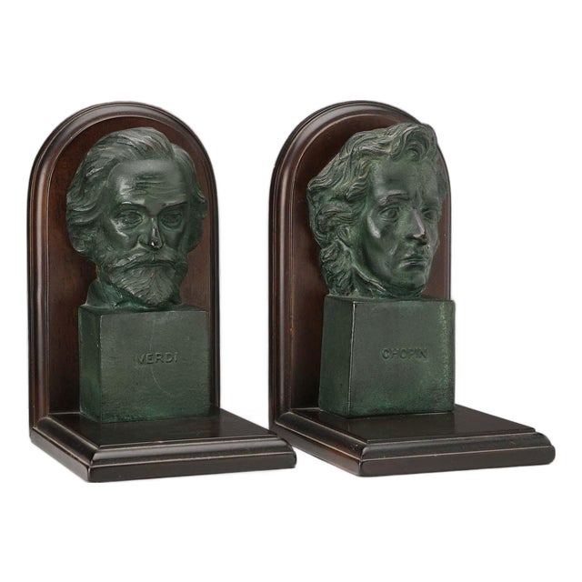 Bronze and Wood Bookends, Set of 2 For Sale