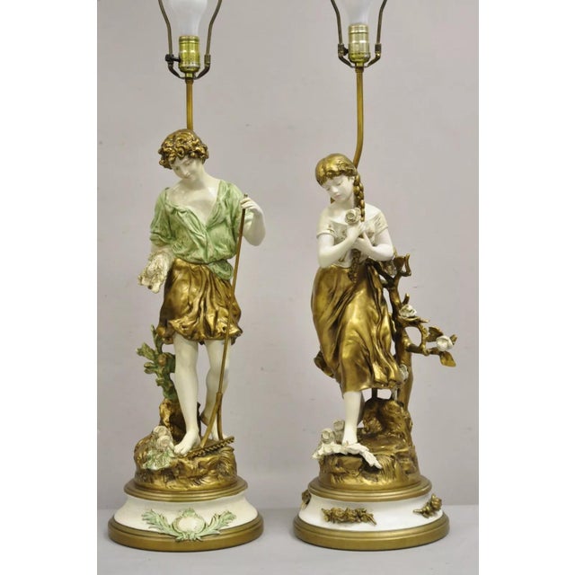 Renaissance Vintage French Renaissance Moreau Metal Boy and Girl Figural Table Lamp - A Pair For Sale - Image 3 of 12