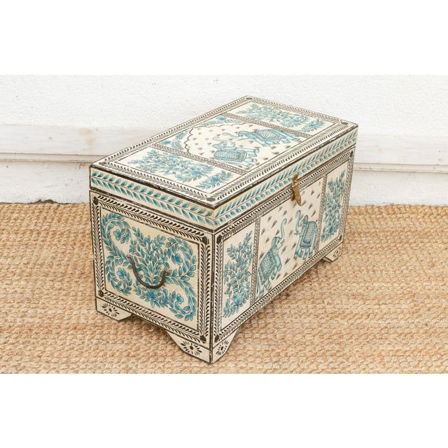 Vintage Blue & White Elephant Painted Trunk For Sale - Image 9 of 10