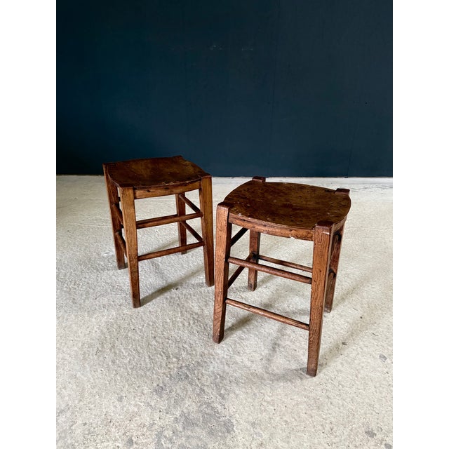Vintage French Country Style Design Bistro Low Stool set of 2. Made in France, 1920's - 30's period. Ladder base in oak...
