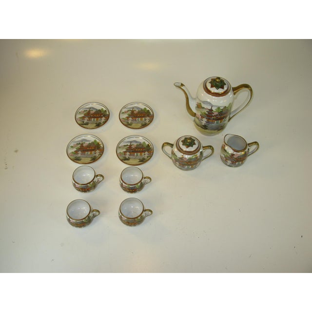 7 Pc. Set Tea Pot Sugar Bowl Cups Saucers Porcelain Antique Japanese Kutani Eggshell Porcelain Lithophane Geisha - 11 pcs For Sale - Image 15 of 18