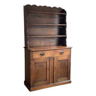 Early 20th Century Rustic Farmhouse Pine Hutch Cabinet With Scalloped Shelf Top For Sale